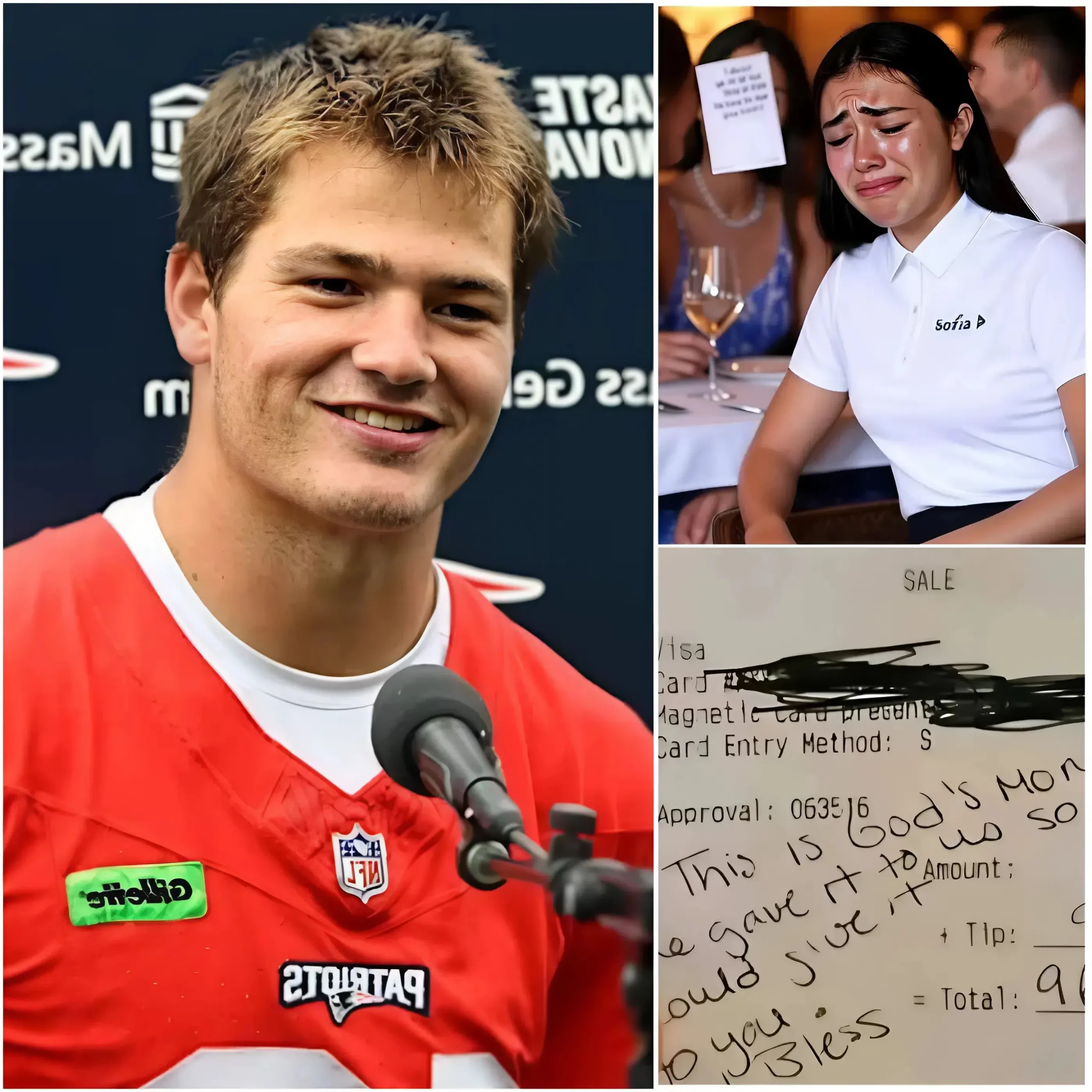 Cover Image for BREAKING: Lily, a 24-year-old waitress, had no idea she was serving superstar Drake Maye. Polite and discreet, Maye enjoyed his meal without drawing attention. But when he left, he left a folded bill on the table… and walked away smiling. Curious, Lily opened it, but within minutes, she was in tears. What Maye wrote was more than a simple thank you—it changed her life.